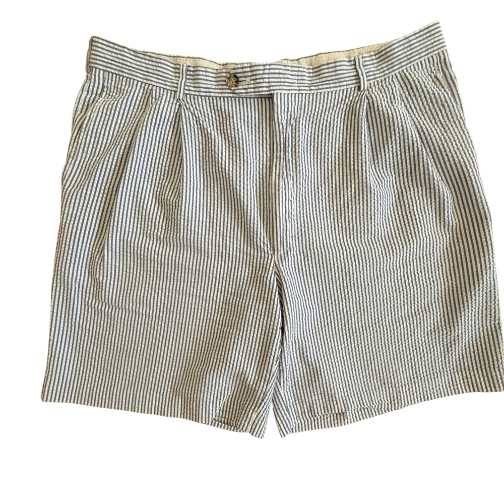 Berle Mens Blue White Seersucker Pleated Shorts Striped Cotton Size 38 Preppy